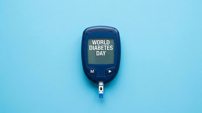 Blood glucose meter digital device for measuring sugar levels on blue background glucometer