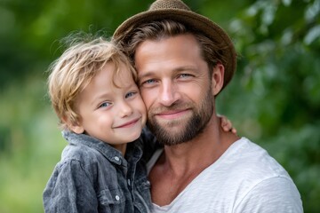 Fototapeta premium Father and young son smiling outdoors embracing