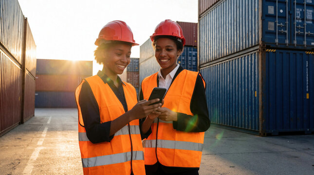 Two smiling African American women in safety vests and helmets share a mobile phone in a sunny shipping container yard. They collaborate on a work project using modern tech during the day.