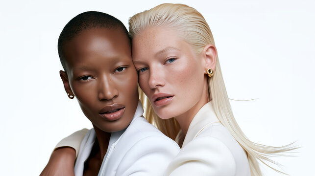 Two diverse women white blazer gold earring dark pale skin contrast fashion editorial portrait, luxury beauty collection campaign minimal white background studio, serene bonding closeup.