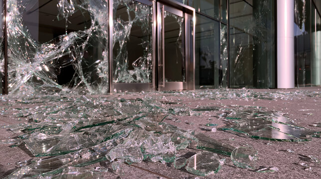 Broken glass window at contemporary commercial building entrance with shattered panels and debris across pavement