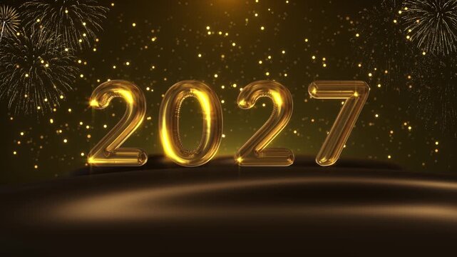 New year 2027 shine gold fireworks burst luminous particles night scene. New Year countdown finales, luxury parties, festive greetings, event presentations, advertising, social celebration intros.
