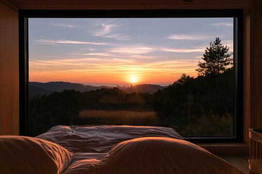 Bedroom window overlooking city skyline at sunset