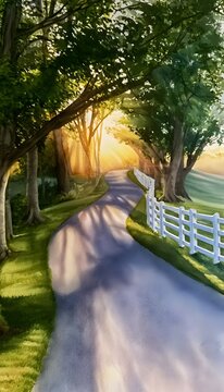 Golden sunrise illuminates a tranquil country road lined with lush green fields and aged picket fences