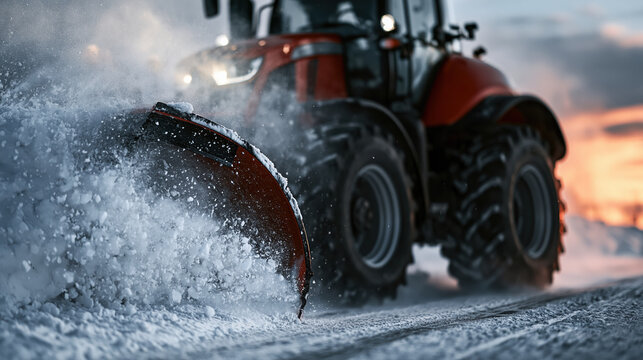 Close view of snow plow blade cutting through deep snow beside powerful tractor, creating dramatic winter scene at sunset