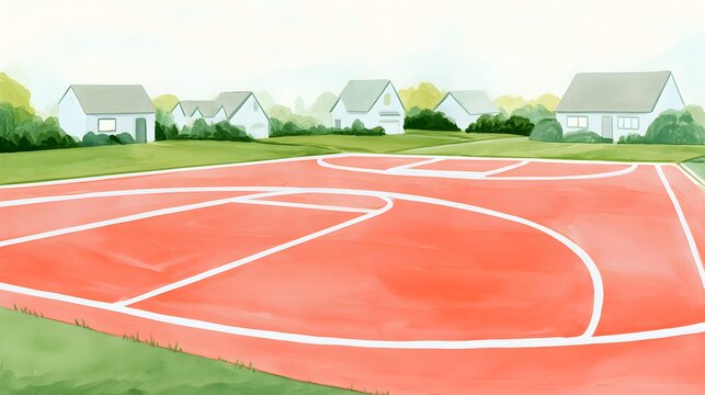 Quiet suburban basketball court illustration evokes community recreation and peaceful neighborhood living