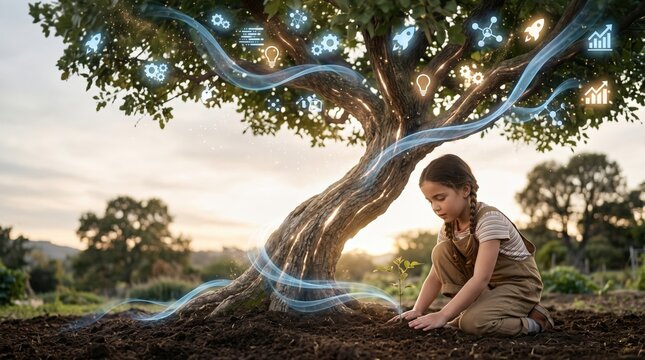 Little girl planting small seedling under large tree with glowing blue digital stream and business icons for sustainable future education concept.