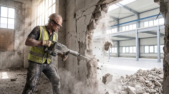 Male construction worker wearing safety helmet using heavy jackhammer tool to break concrete wall inside building with flying debris for renovation work concept.