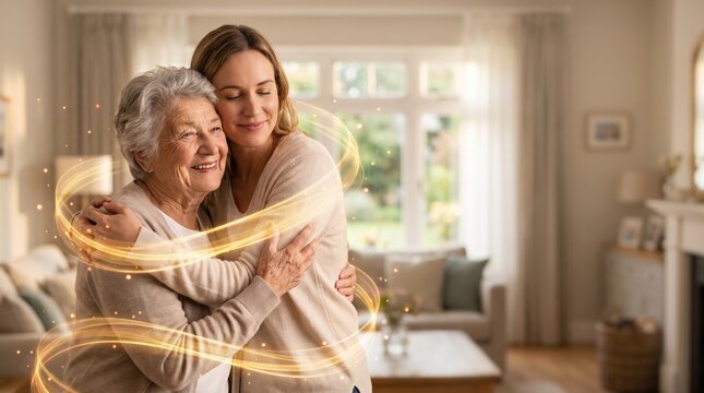 Tender hug between young woman and elderly mother at home with warm glowing light stream and sparkles for family love intergenerational care concept.