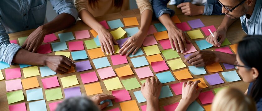 Creative energy in action a diverse group collaborates around a table covered in vibrant sticky notes. Perfect for innovation, agile workflow, design thinking, and startup culture campaigns.