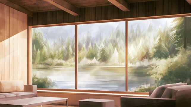 Cozy cabin retreat watercolor illustration tranquil lake view peaceful home interior warm lighting serene escape