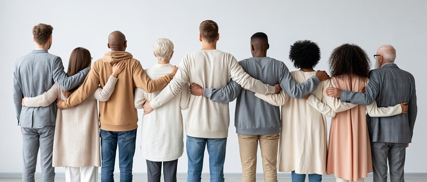 Multicultural team united in solidarity, arms around each other, representing inclusion and belonging. Perfect for corporate diversity campaigns, social awareness, community, and HR.