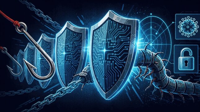 Cybersecurity concept illustration with digital shields protecting data from attacks. Phishing hooks, malware worms try to penetrate network security. Radar screen, lock icon represent cyber defense