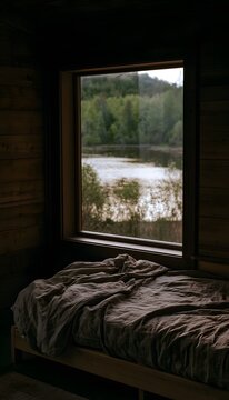 Serene lakeside cabin interior evokes peaceful solitude a tranquil forest view awaits within