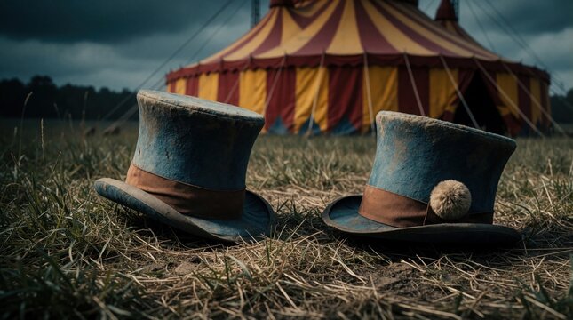 Two dusty magician hats sit on grass before a faded circus tent. Worn silk hats suggest past performances and forgotten magic, evoking a sense of nostalgia and melancholy atmosphere.