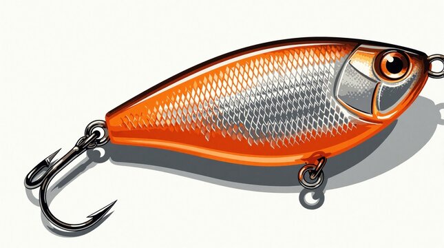 Orange, silver fishing lure with sharp metal hook isolated on white background. Realistic tackle design for sport angling hobby. Shiny spoon bait used for catching fish in river lake during outdoor