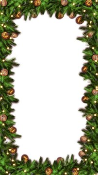 Fresh green pine branches, string lights, golden ornaments create festive Christmas border clean center. holiday messages, greeting cards, product promotions, family seasonal announcements, titles.