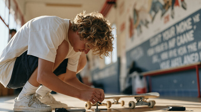Teenage skater crouching to tighten wheel bolts inside a warm community center hallway, specialized grip tape tool nearby, wide shot capturing worn tiles and motivational mural