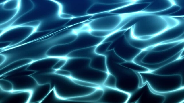 Abstract flowing blue liquid water surface with glowing caustic light refractions moving smoothly for digital background use