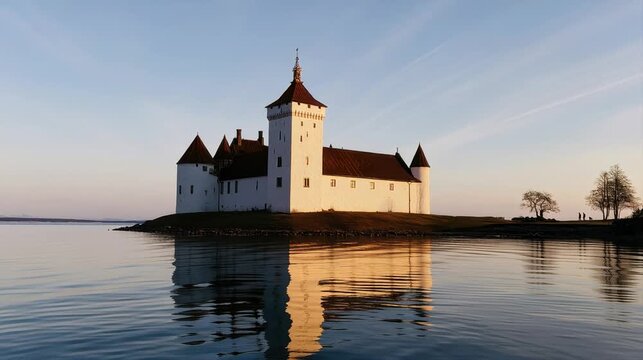 A serene video of a majestic castle surrounded by calm water at sunset
