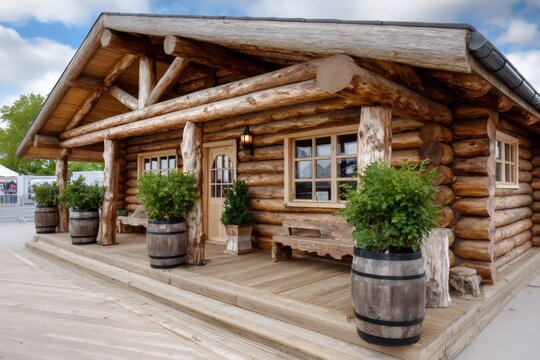 Log cabin house with a wooden porch and decorative plant barrels