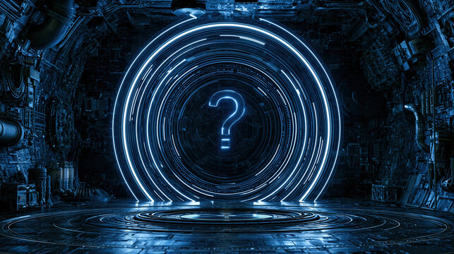 Futuristic chamber with concentric illuminated rings and glowing question symbol creating mysterious technological atmosphere