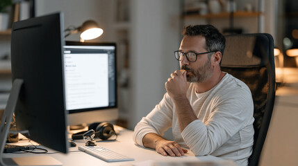 Naklejka na ściany i meble IT support specialist in minimalist studio set, solitary technician taking first satisfying bite of fruit while reviewing resolved ticket dashboard showing all clear status,