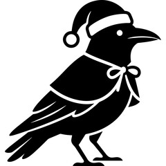 Naklejka premium Black Crow Wearing Santa Hat and Cape Vector Illustration for Christmas Holiday Design