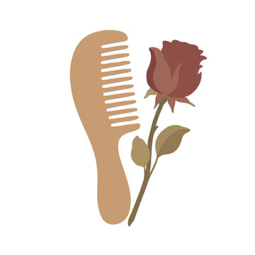 Hand-traced vector illustration of a wooden comb beside a dried red rose, vintage beauty and botanical concept icon, flat design artwork, hand drawn style
