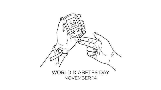 World diabetes day, line art illustration of blood glucose testing with meter and finger prick