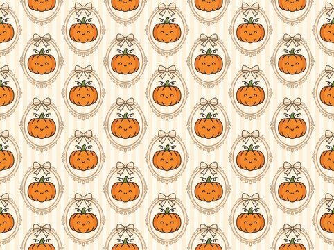 Cute pumpkin pattern with smiling faces and decorative frames on vintage striped beige background art