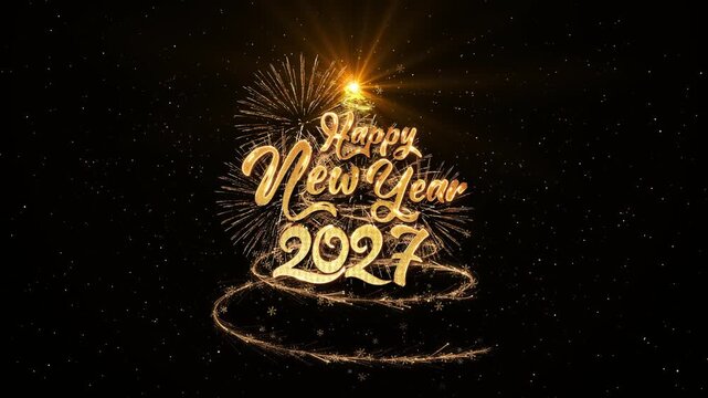 Elegant 2027 New Year appears gold shimmering fireworks, particles, radiant star festive broadcasts, countdown finales, premium party promotions, annual greetings, holiday advertising, celebration
