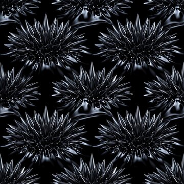 Dark Metallic Ferrofluid Spikes Grid Seamless Pattern Background.