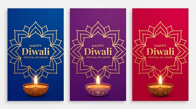 Set of square vector banners for Diwali festival of lights with oil lamps, mandala patterns in blue, purple and maroon
