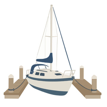 Hand-traced vector illustration of a charming sailboat docked at a marina slip, moored between wooden piers with mooring lines and pilings, white hull design isolated on background