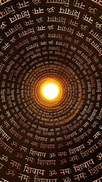 Sacred Om Namah Shivaya Sanskrit mantra golden tunnel central light. Shiva devotion, Hindu spiritual meditation, yoga, religious celebrations, temple prayer backgrounds, devotional presentations.