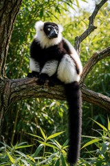 Naklejka premium Black, white ruffed lemur sits on tree branch in tropical jungle. Wild Varecia variegata primate stares ahead amidst green leaves. Exotic Madagascar animal rests in forest habitat, showing thick fur,