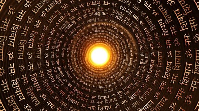 Golden Sanskrit mantra rotate deep spiritual tunnel radiant center, hypnotic devotional Mahadev worship, meditation yoga themes, Hindu festivals, temple displays, sacred visuals, spiritual backgrounds