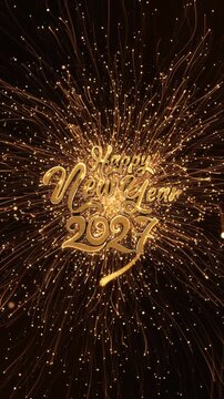 Happy New Year 2027 golden typography field light streaks, glitter, particles. countdown finales, festive intros, celebration greetings, party holiday advertising, event openings, luxury presentations