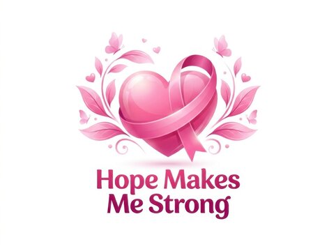 Pink breast cancer awareness heart ribbon graphic with floral elements for medical fundraiser posters