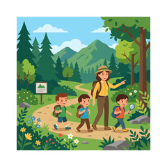 Naklejka premium Cartoon Woman Guide Leading Children on Nature Trail Hike Through Forest Mountains