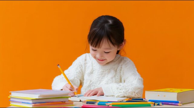 Young adorable asian child doing homework and learning, smiling happily in a studio environment