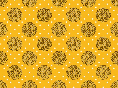 Waffle pattern seamless background with white polka dots on mustard yellow backdrop for food design