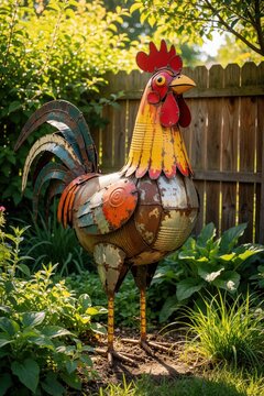 Large metal rooster sculpture stands in rich green garden. Colorful rustic chicken decoration made of scrap metal sits near wooden fence. Artistic bird ornament adds vintage style to backyard