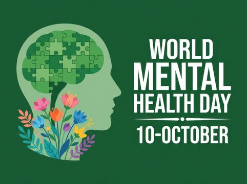 World mental health day poster featuring colorful flowers blooming from human head puzzle brain design