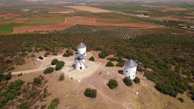 Aerial view of historic Puerto Lapice windmills of Don Quixote in Spain's La Mancha region