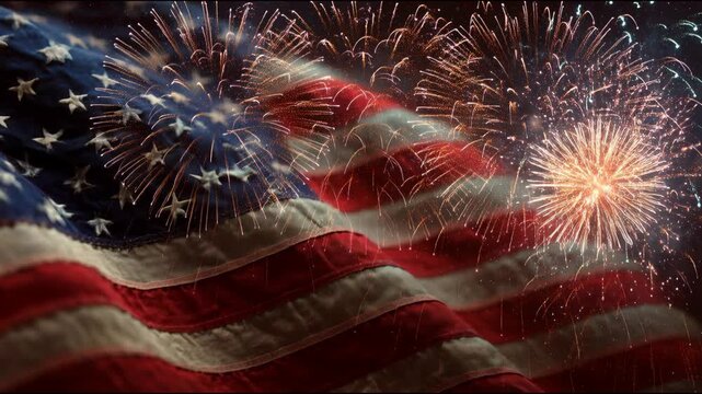 Waving american flag celebrating with fireworks in the background on a dark night sky