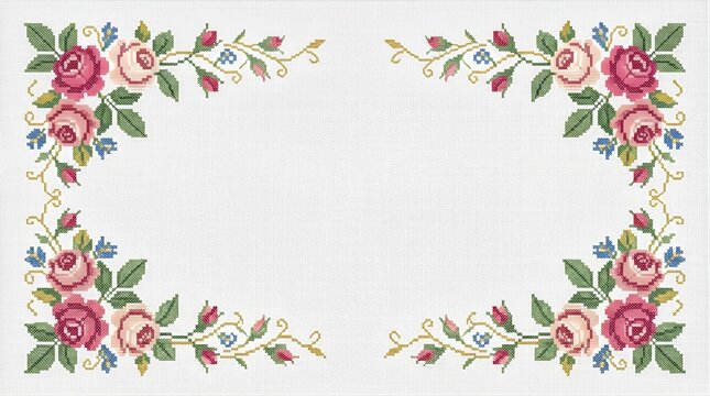 Cross stitch rose flower frame pattern on white canvas background