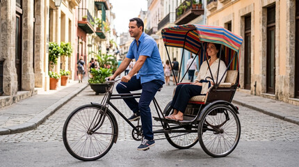 Obraz premium Cycle rickshaw tour with male driver pedaling woman through narrow city alleyway with old buildings. Cycle rickshaw tour shows colorful striped roof. Professional cycle rickshaw tour for travelers.