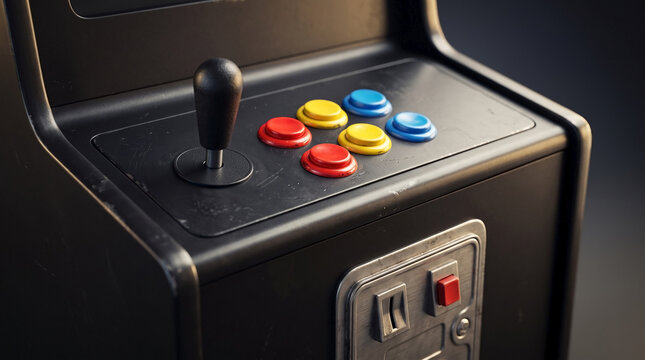 Retro arcade machine control panel with black joystick and colorful buttons. Arcade gaming setup features red, yellow, and blue plastic buttons for retro arcade machine. Retro arcade machine art.